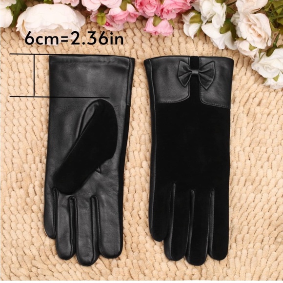 MaxW Women’s Black Sheepskin Leather & Faux Suede Bow Gloves Size Small - Picture 7 of 11